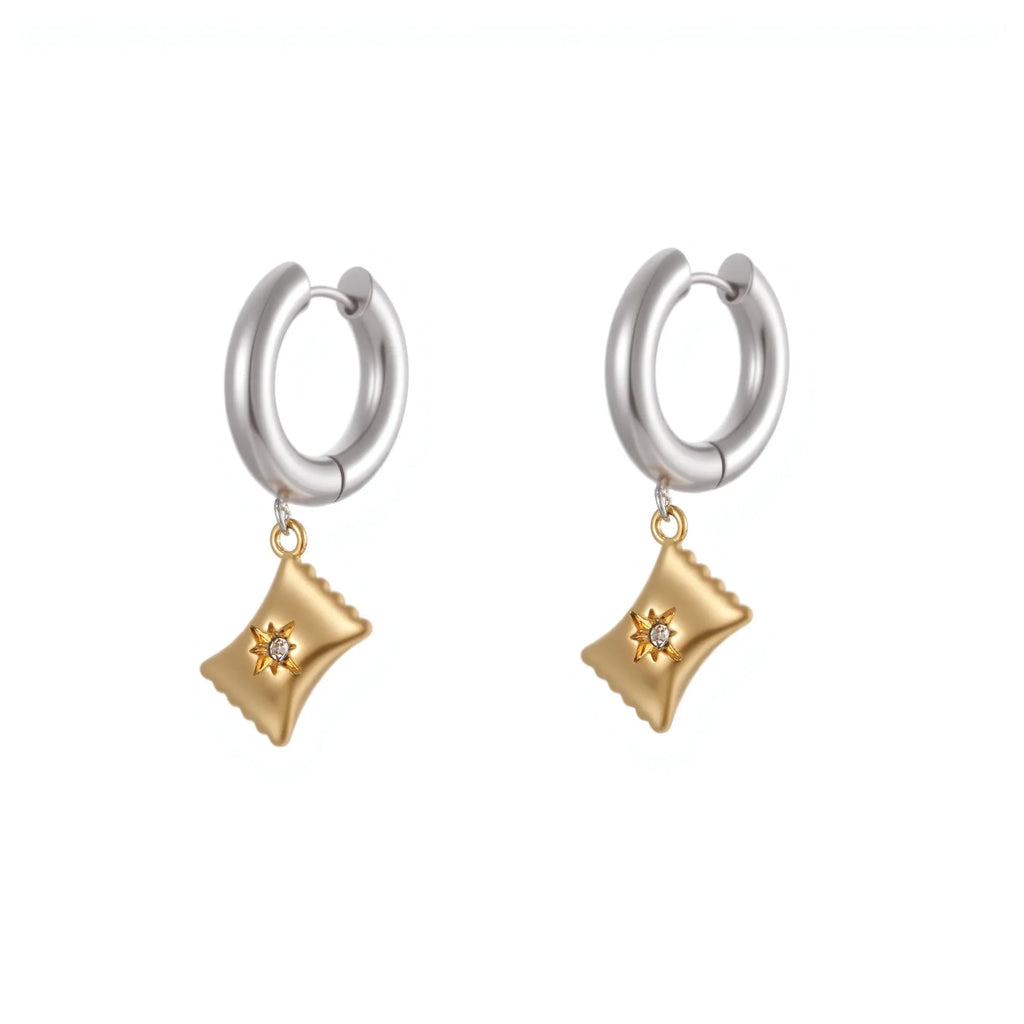 Women's stainless steel earrings with 18K gold plating in heart, star, and Christmas tree shapes.