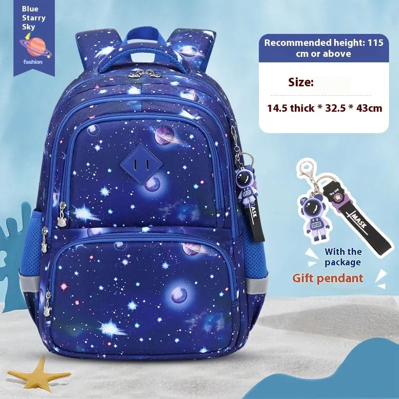 Blue children's waterproof school backpack with dinosaur pattern and curved shoulder straps.