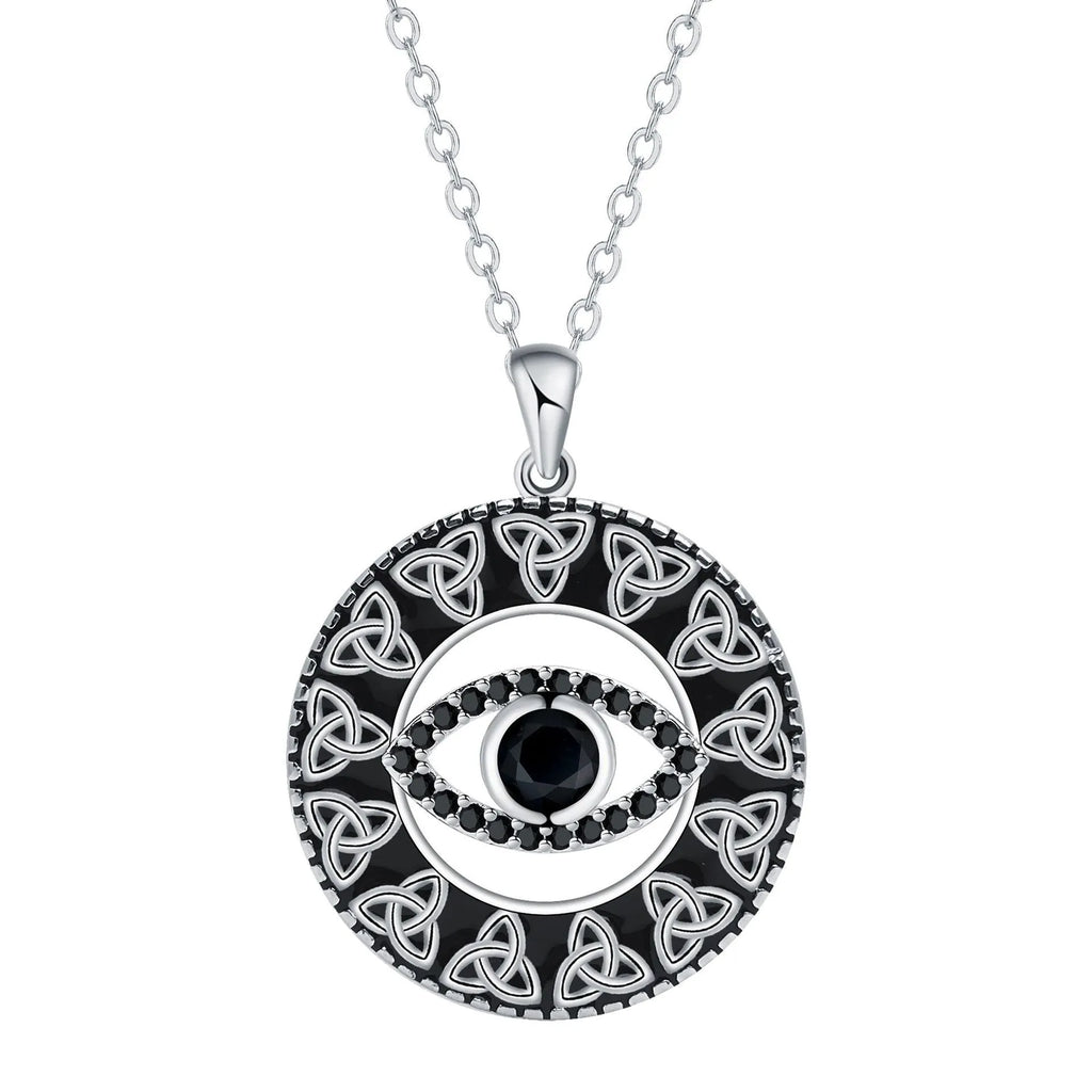 Copper Devil's Eye pendant necklace with a cross chain style on a person or mannequin.