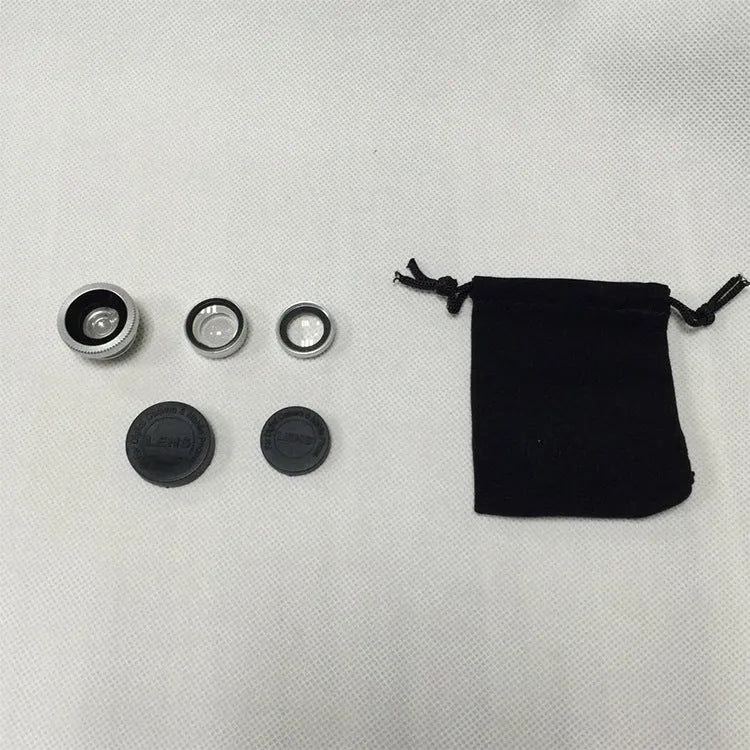 Three-in-one fisheye wide-angle macro clip-on lens kit for mobile phones in various colours.