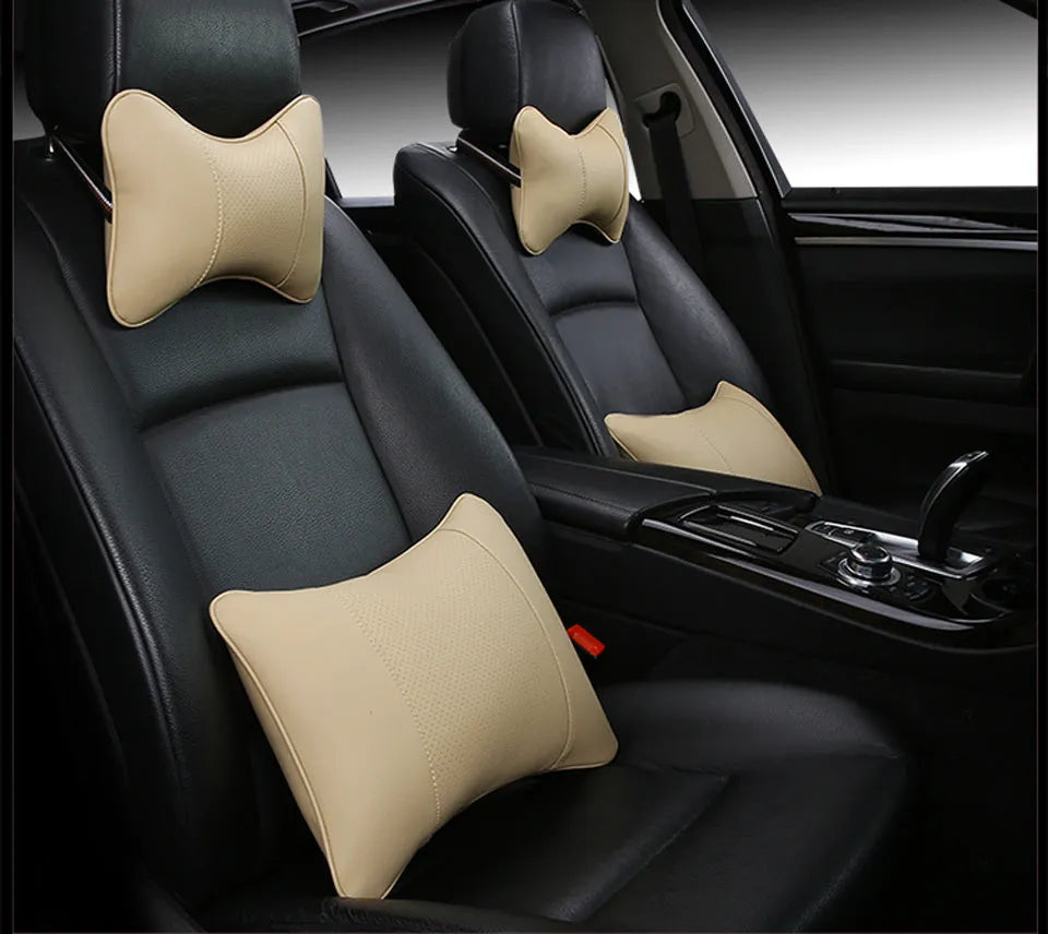 Car breathable headrest with leather surface and classic punched ventilation pattern in beige