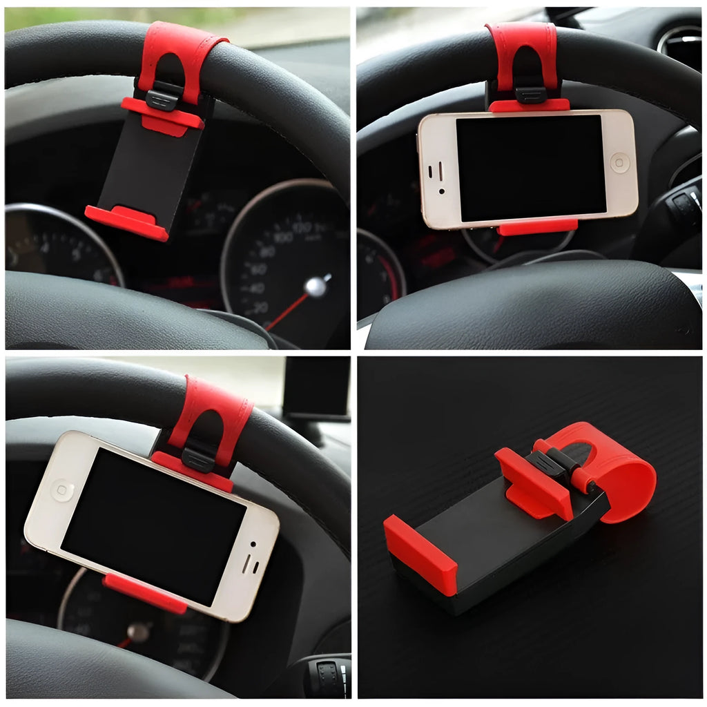 Universal car steering wheel clip mount holder for mobile phones in black and red