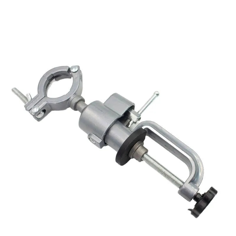 Bracket type clamp-on bench vise with 360-degree rotating head on a workbench