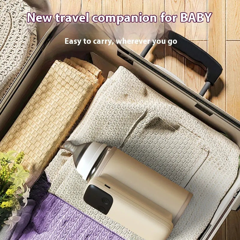 Universal baby bottle insulation warmer with grey sleeve and digital display showing temperature