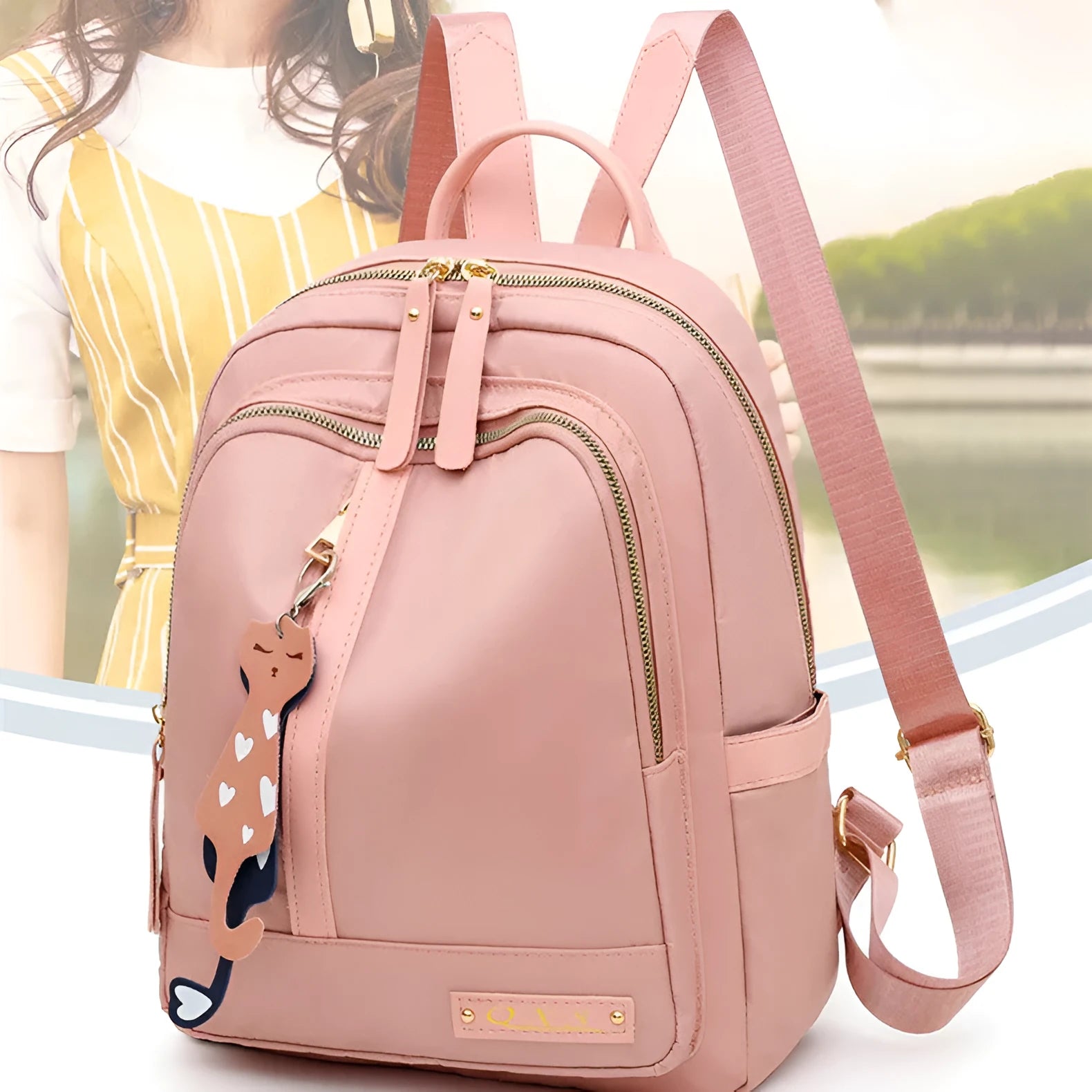 Women's black nylon backpack with anti-theft pockets and water-resistant finish.