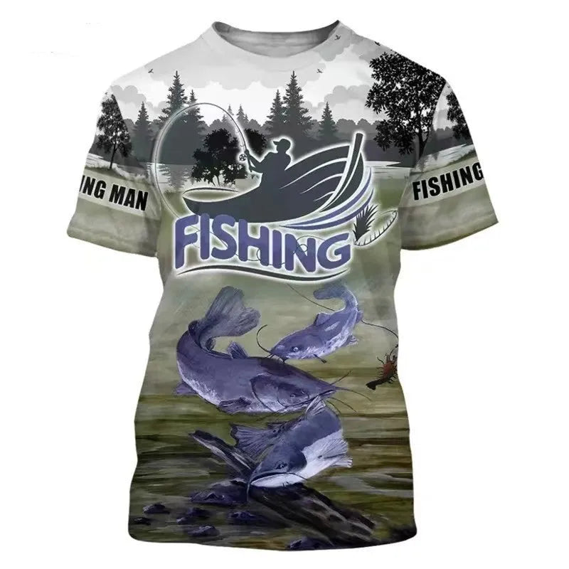 Men's fishing pattern printed short sleeve casual top in polyester fabric with loose fit