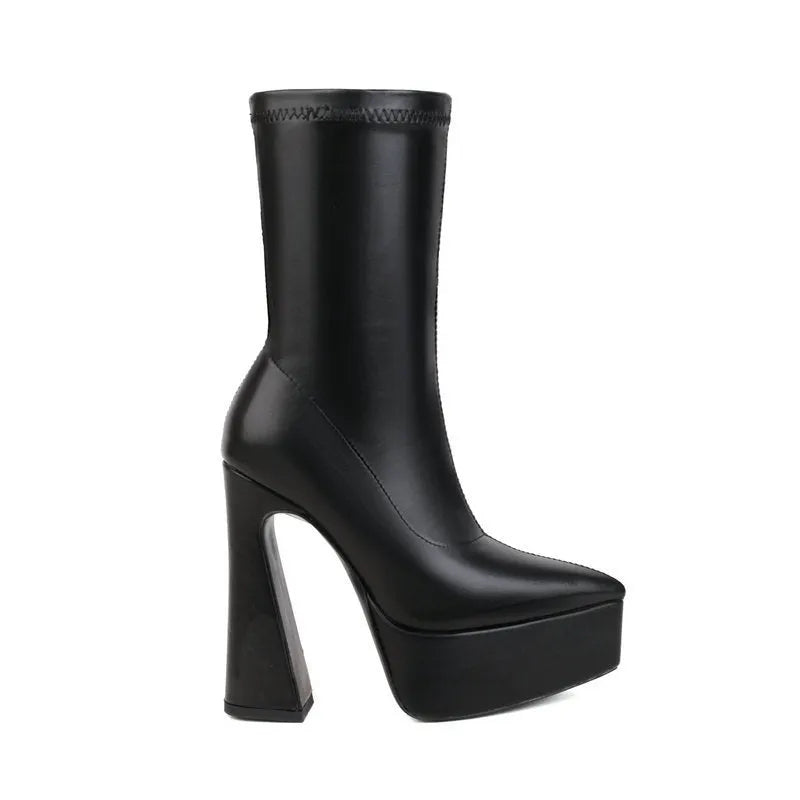 Women's black platform booties with thick super high heel and short stout heel