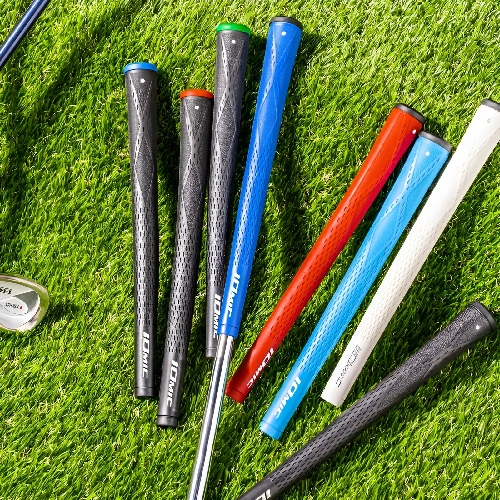 Close-up of a TPE golf club grip showing cross-hatch texture, displayed in red colour option.
