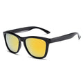 Plastic sun protection glasses in a choice of eight colour and lens combinations on a solid background.