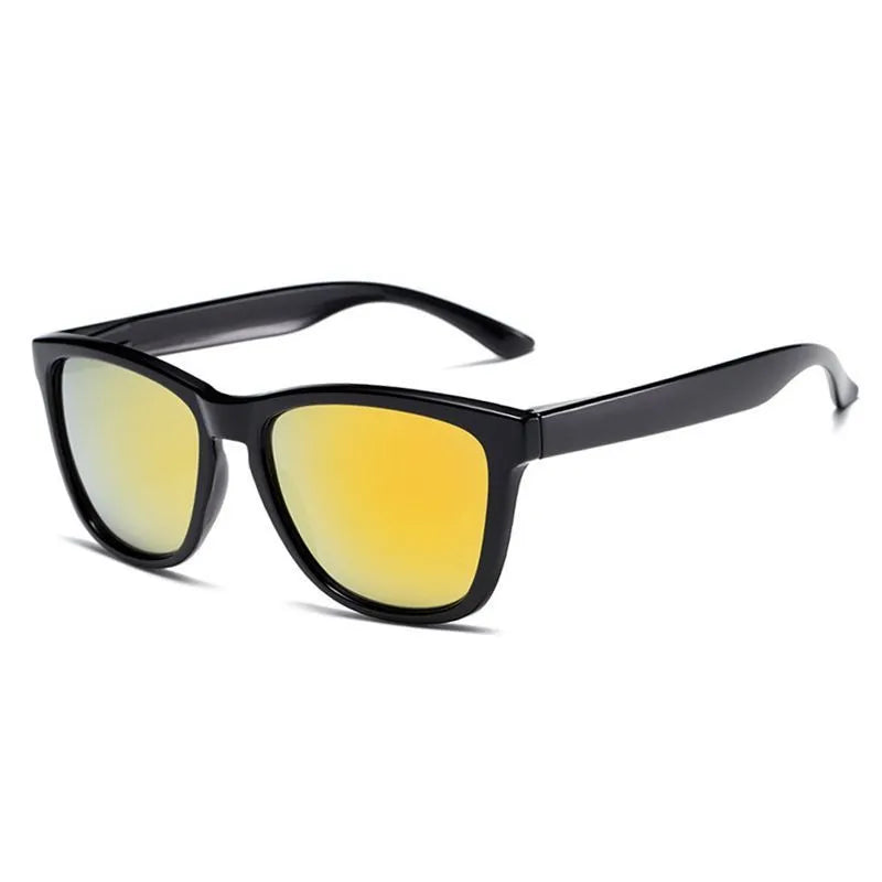 Plastic sun protection glasses in a choice of eight colour and lens combinations on a solid background.