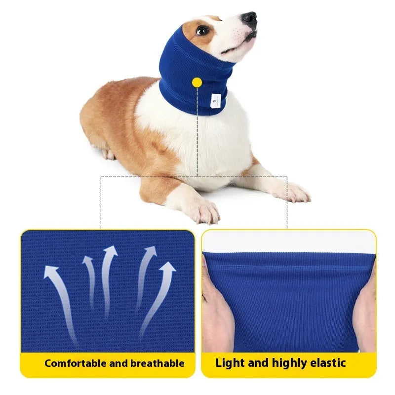 Blue or grey polyester headband scarf for a dog, shown in small, medium, and large sizes.