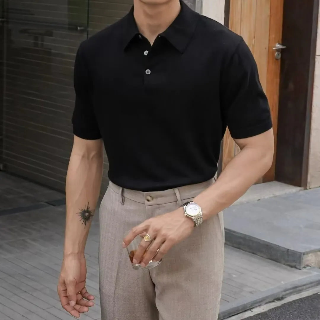 Men's knitted short sleeve polo shirt in cotton ice silk fabric, shown in a selection of available colours.