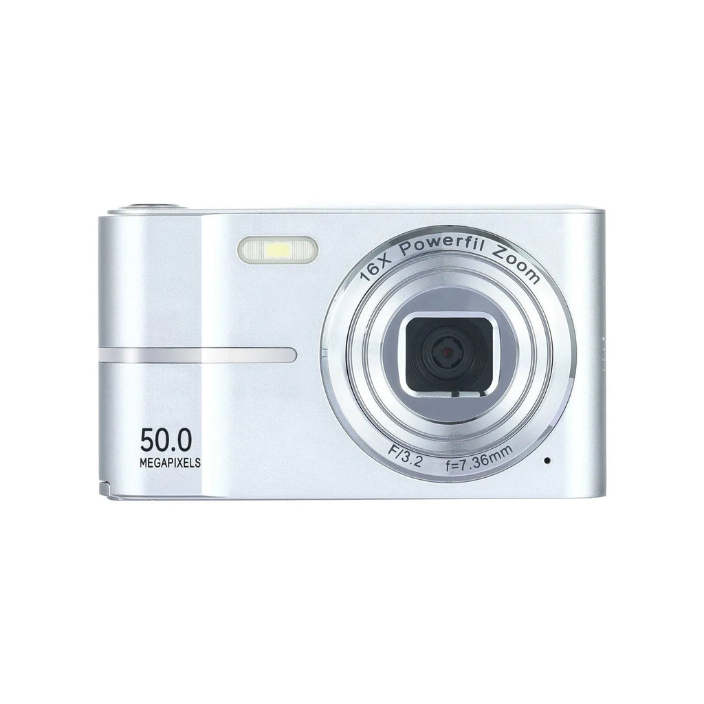 Compact HD 4K digital student camera in black, green, pink, or white with a lanyard and charging cable.
