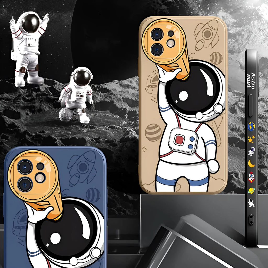 Silicone iPhone case with cartoon astronaut and starry sky planet design in blue.