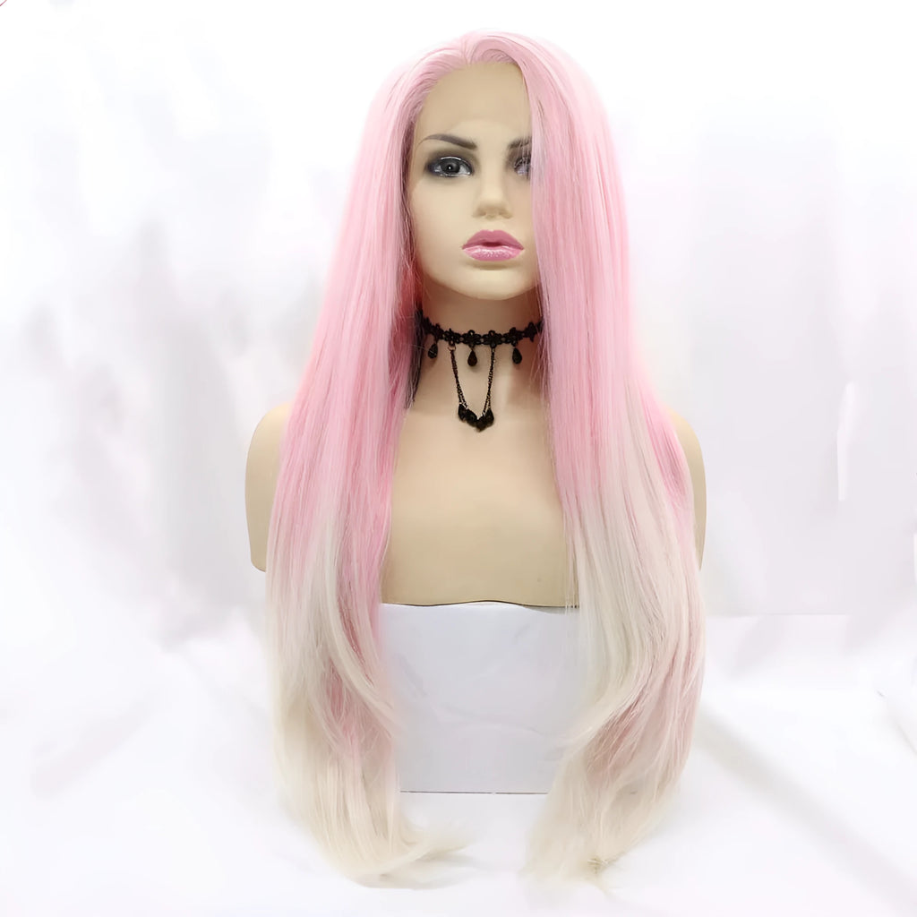 Pink gradient big wave fluffy wig with curly synthetic hair and volume construction