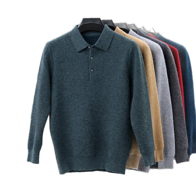 Men's turn-over collar polo shirt knitwear in fancy twill camel colour long sleeve pullover