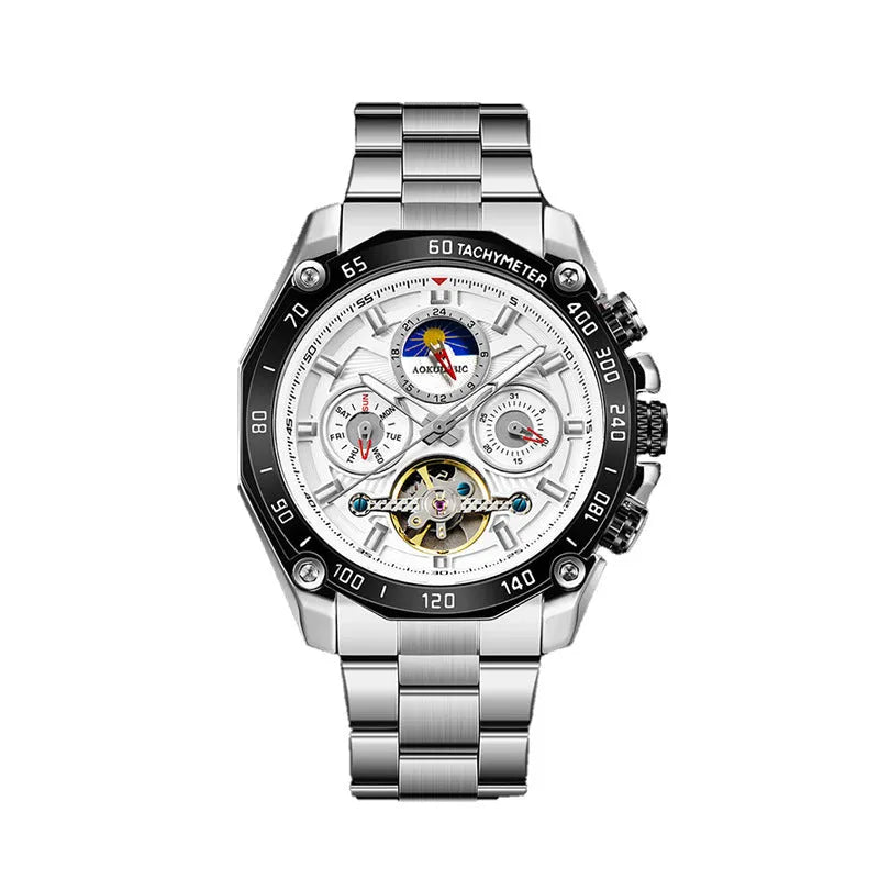 Men's automatic mechanical watch showing options for silver, black, and gold steel cases with white or black dials.