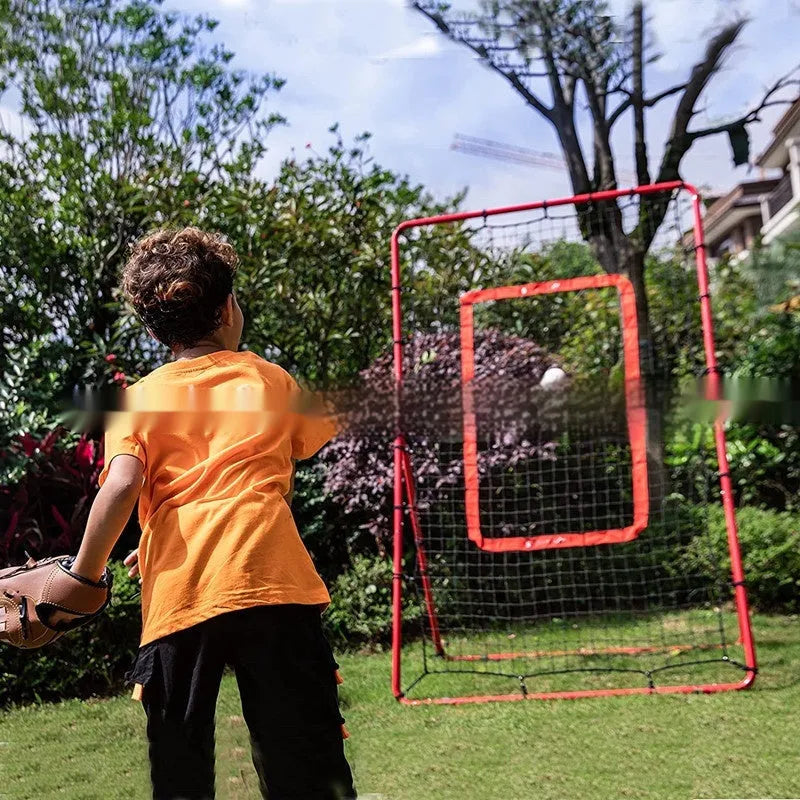 Red metal frame portable baseball training net set up for practice.
