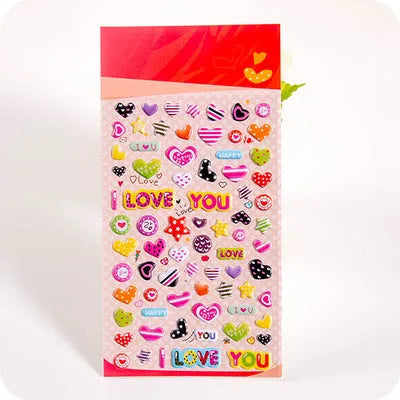 Sheet of cartoon-themed three-dimensional bubble stickers with raised surfaces on various designs like an alpaca, dinosaur, and bow tie cat.