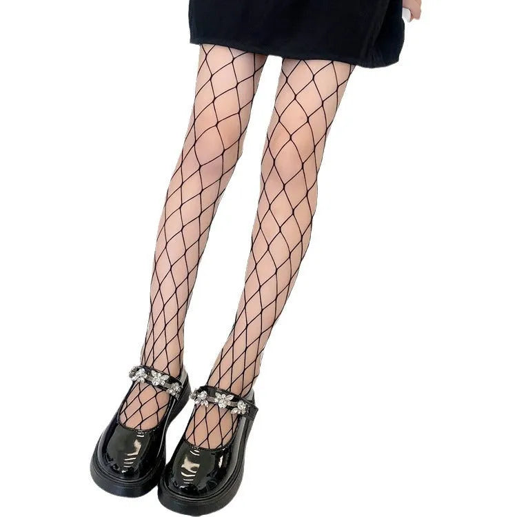 Women's black and white mesh stockings showing large, medium, and small net patterns in thin velvet polyester fabric.