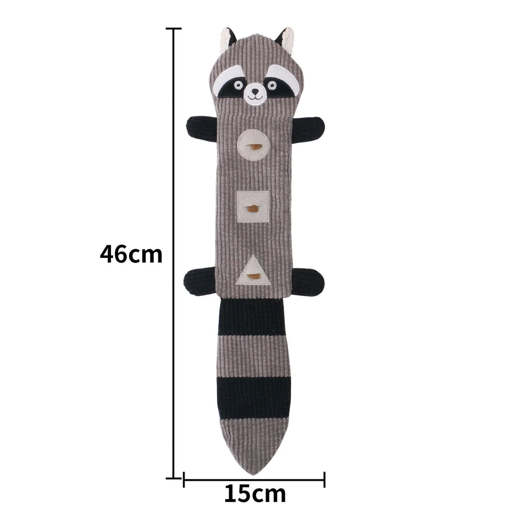 Plush dog chew toy shaped like a fox with squeaker and treat pockets, 47cm long