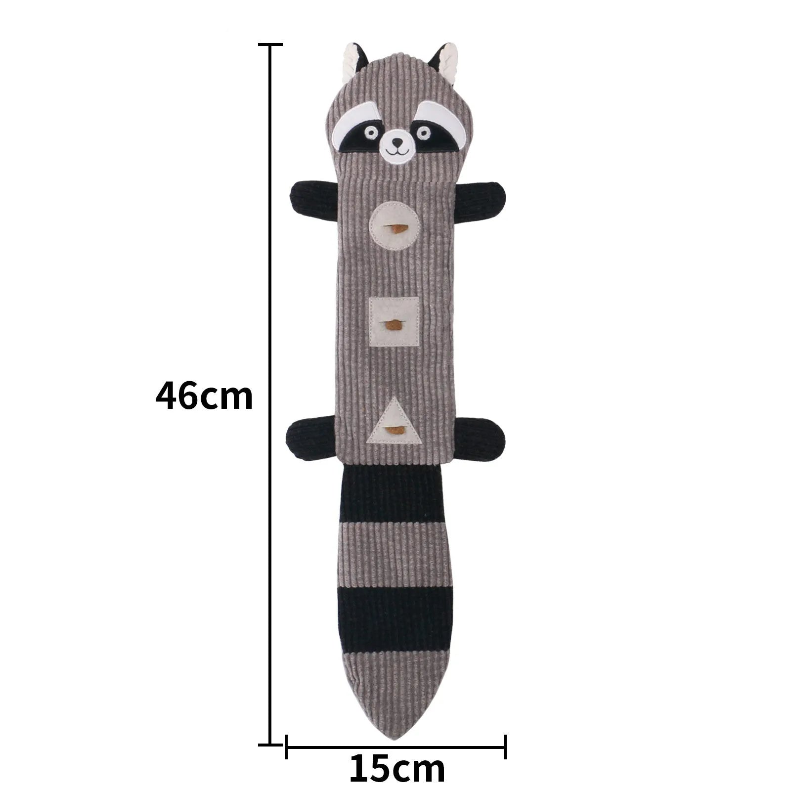 Plush dog chew toy shaped like a fox with squeaker and treat pockets, 47cm long