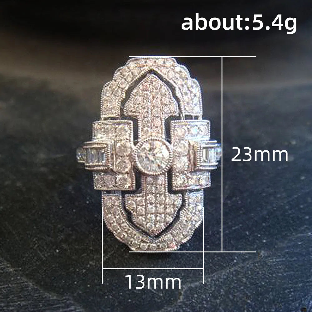 Geometric copper ring with full rhinestone zircon stones in F1438 white gold colour, unisex style, available in sizes no.6 to no.10