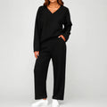 Women's V-neck wool loose pockets leisure suit two-piece pajamas in solid colour, polyester fabric, long sleeves, loose fit trousers