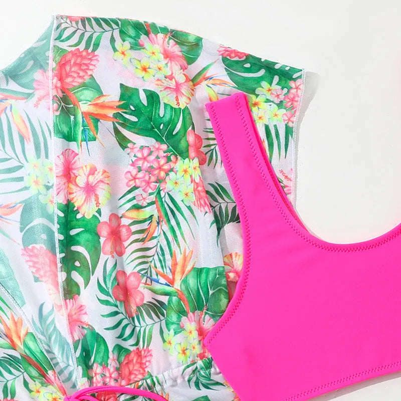 Girls' floral print two-piece swimsuit with high elasticity polyester fabric for swimming.