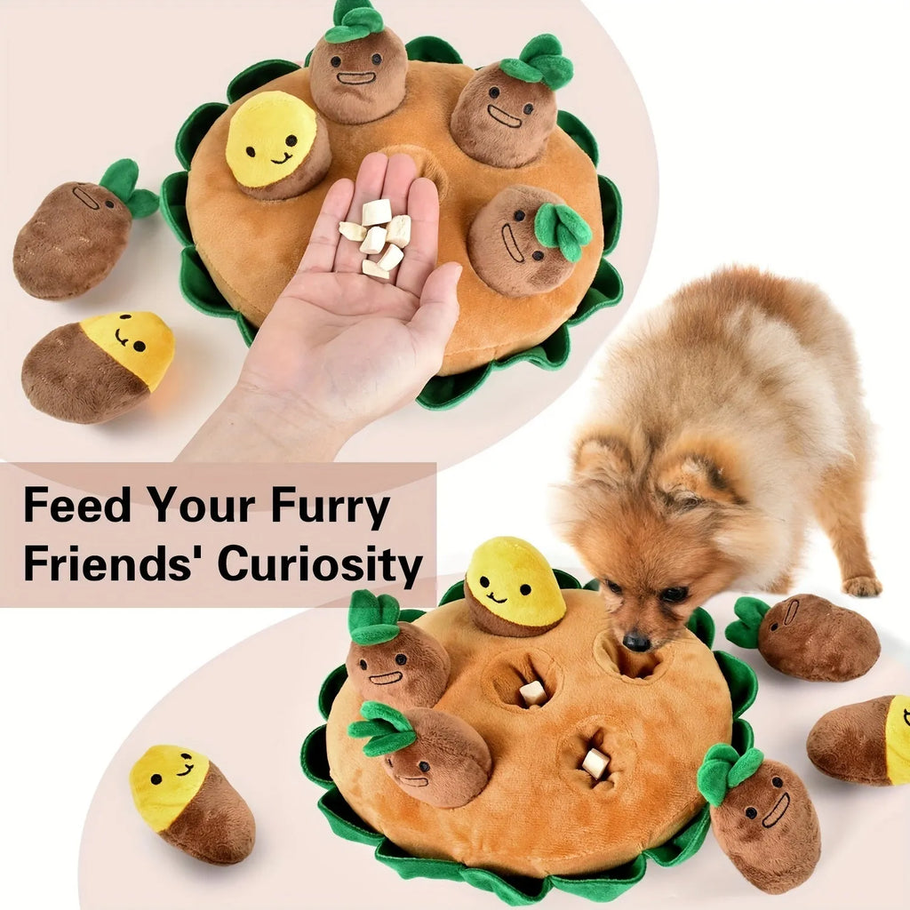 Yellow interactive dog puzzle toys with sniffing pads, feeding pads, and removable squeaky plush toys