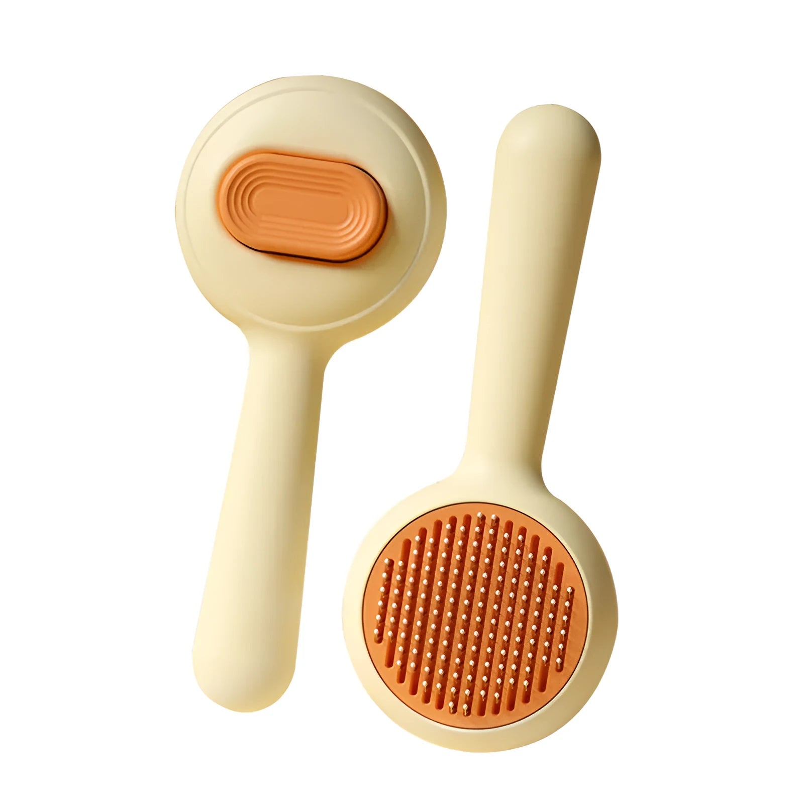 Green and yellow pet grooming brush with stainless steel teeth and a non-slip handle.
