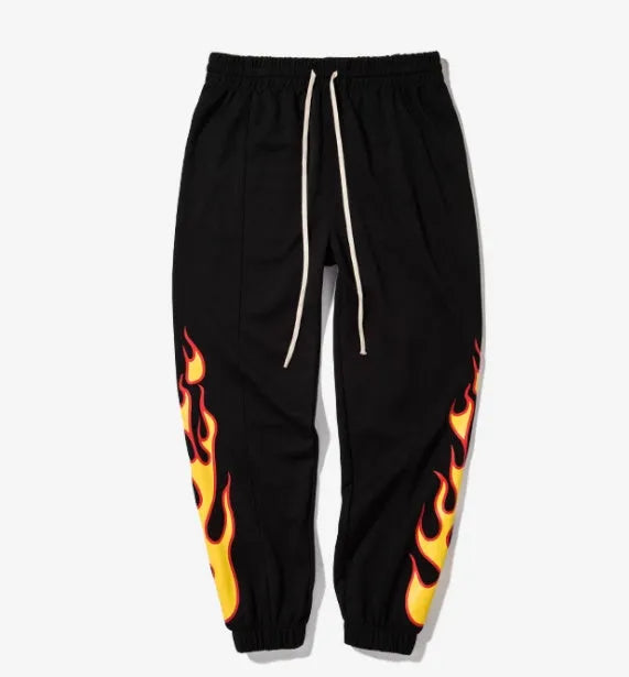 Hop flame print joggers for men and women in black, loose fit cotton blend sweatpants with red, blue flame pattern