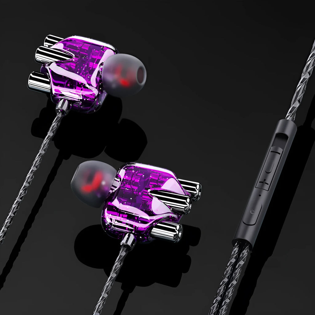 Transparent in-ear headphones with silicone earplugs and TPE cable, showing internal moving coil driver