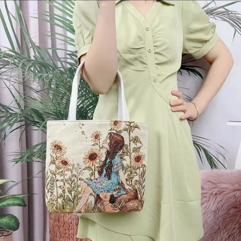Double-sided gold wire embroidered canvas handbag in small, medium, and large sizes with patterned options.