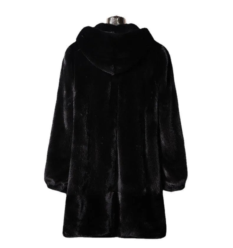 Women's black faux fur hooded casual coat for winter street fashion