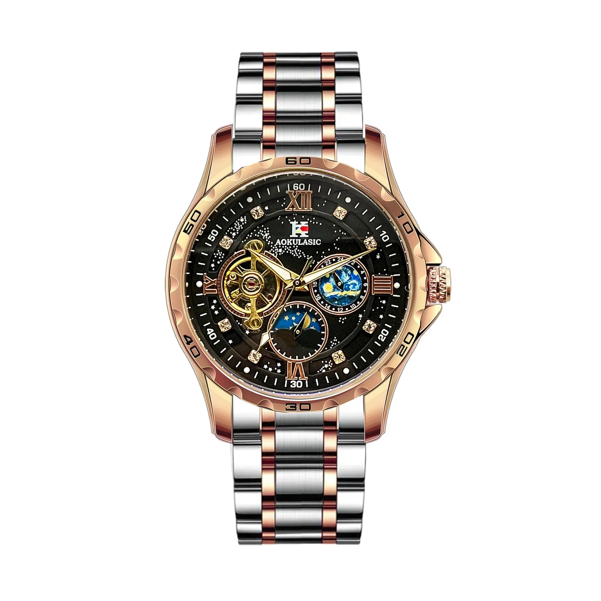 Automatic mechanical men's wristwatch with rose gold case and black dial on a strap.