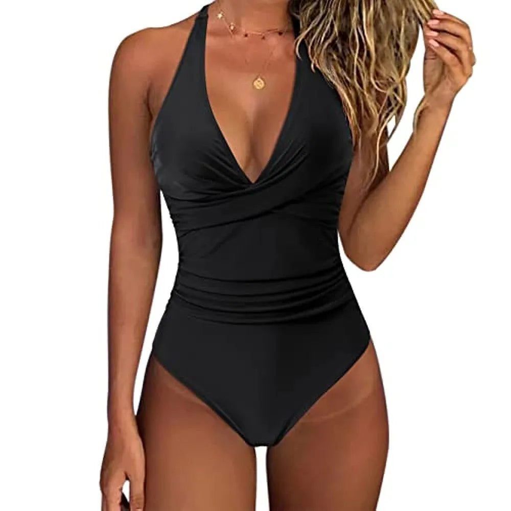 Women's black cross-front one-piece swimsuit made from polyester fabric