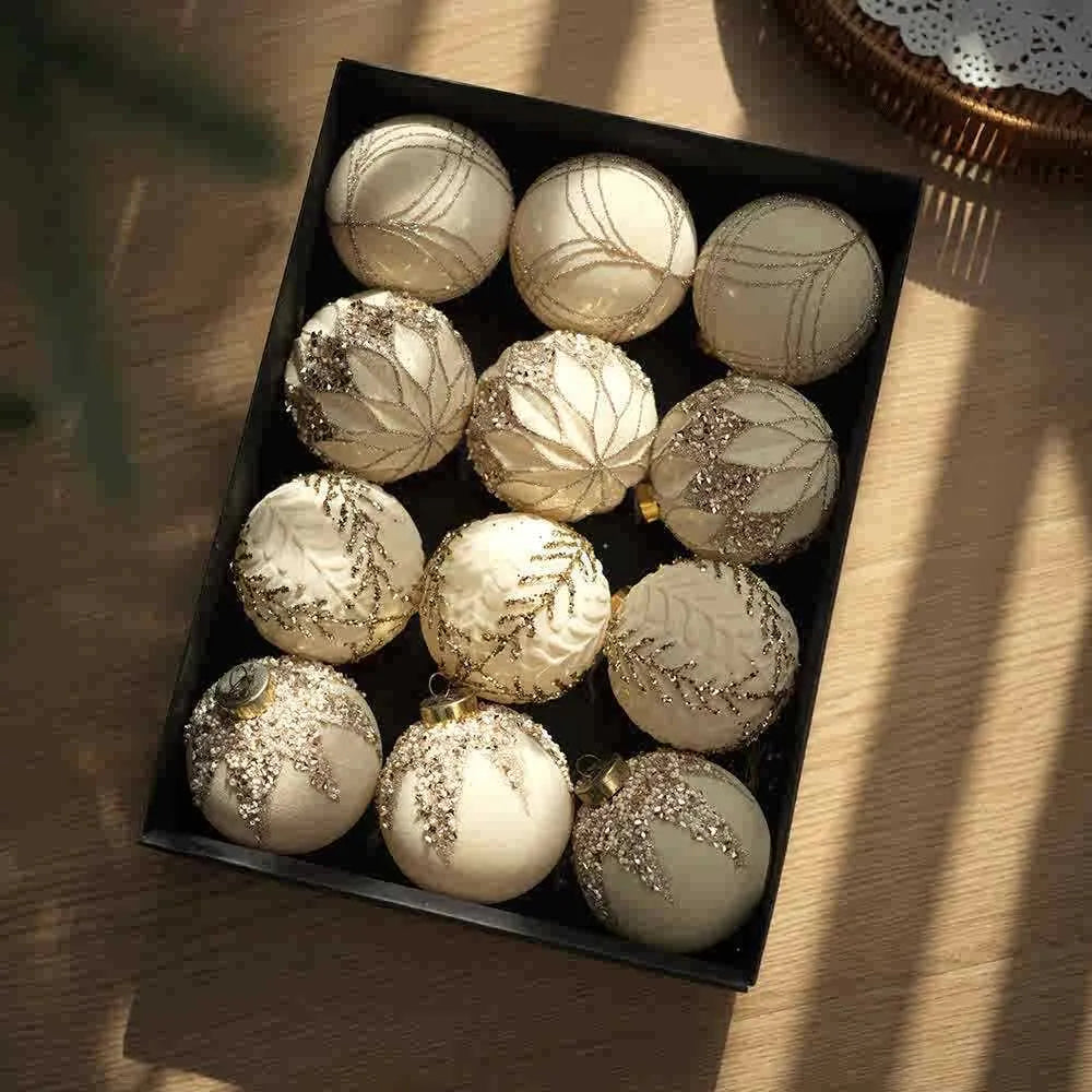 Twelve flocked Christmas ball pendants in wine red, milky white, and Maillard colour in a paper box