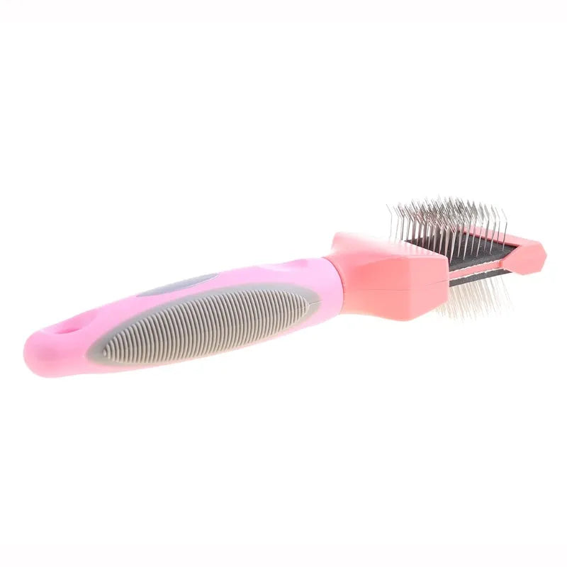 Double-sided pet brush with stainless steel pins and blue ABS handle for dog and cat grooming