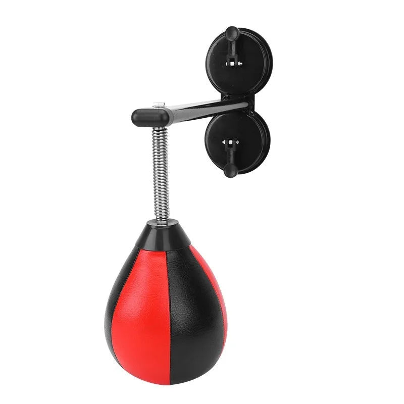 Inflatable pear-shaped boxing training ball with double suction cup hanging mount and red/black ball head