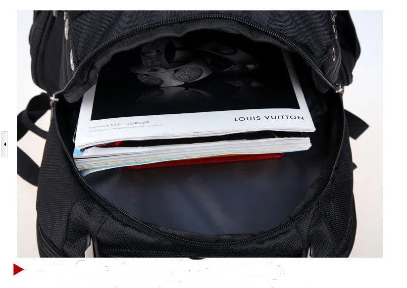 Black polyester travel outdoor backpack with waterproof breathable fabric, hard handle, shoulder pad and metal element