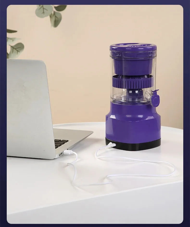 Purple USB rechargeable electric citrus juicer with detachable cone and 400 ml container.
