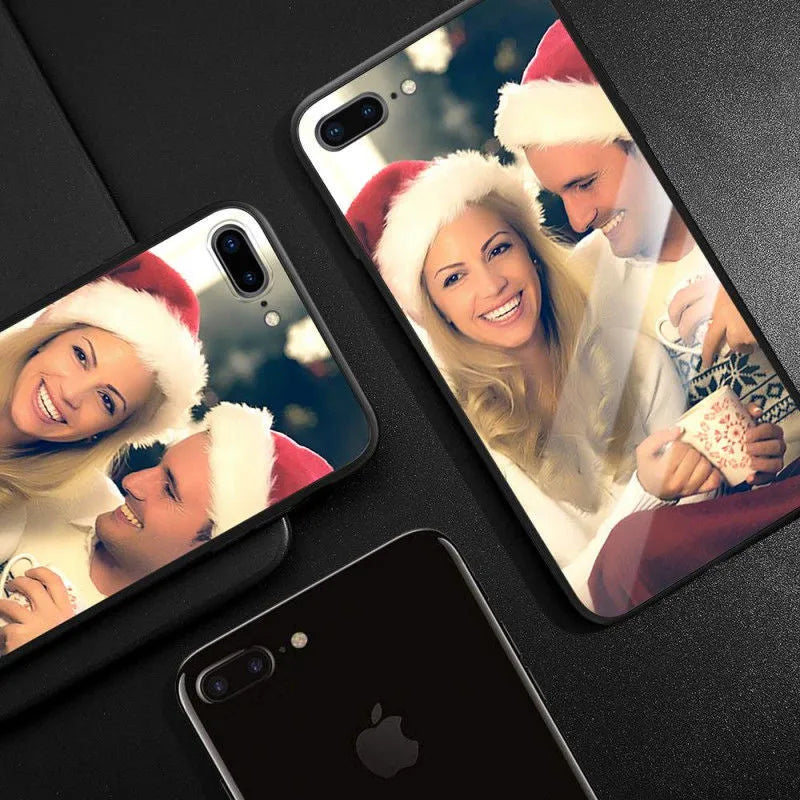 Slim patterned protective case for Apple iPhone with raised edges around screen and camera.