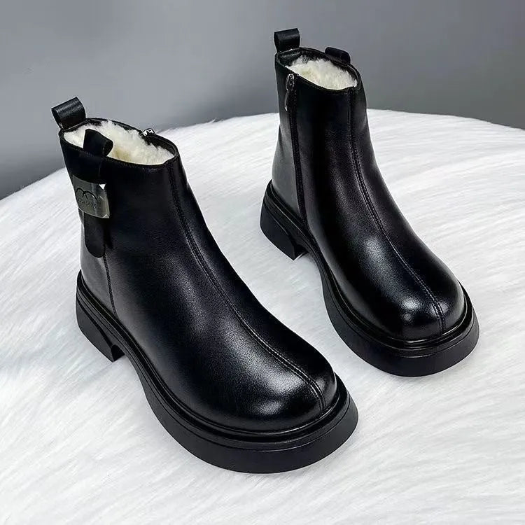 Women's black winter soft leather snow boots with side zipper and round toe