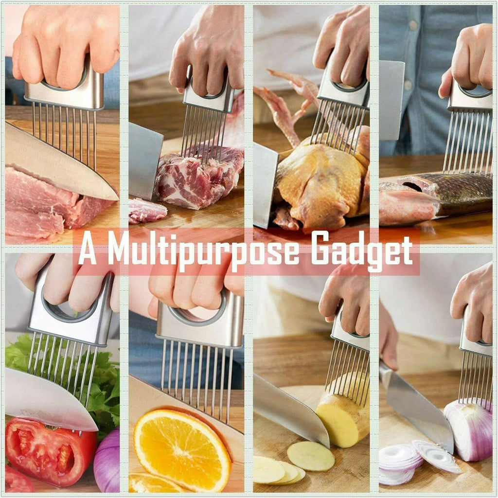 Stainless steel onion holder with sharp prongs and finger guard for vegetable slicing