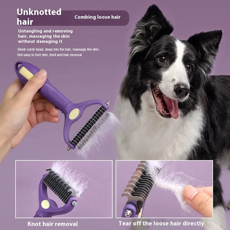 Purple plastic double-sided pet comb for dogs with knot removal and fine deshedding teeth.