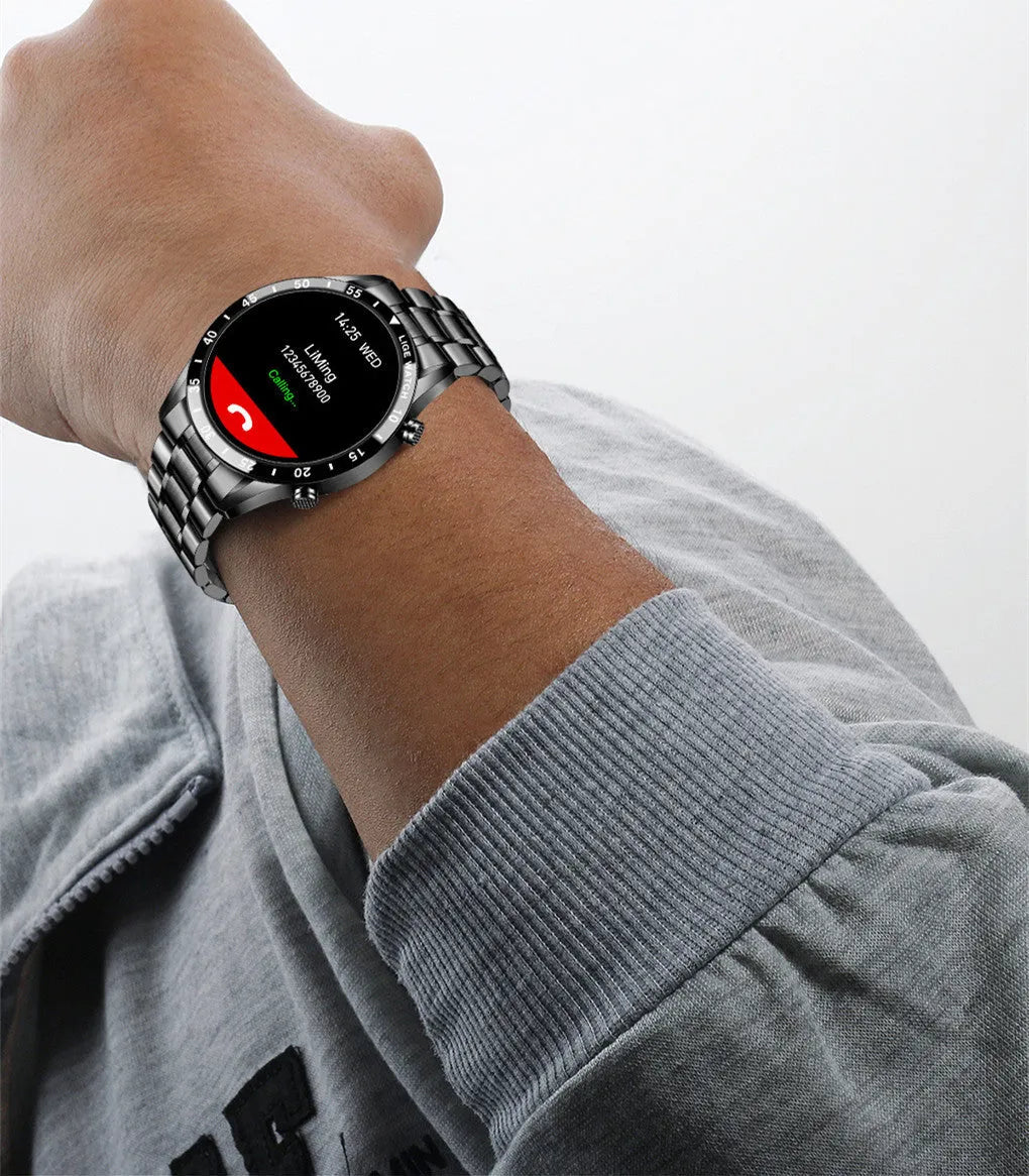 Silver stainless steel smart watch with black touch screen displaying step count