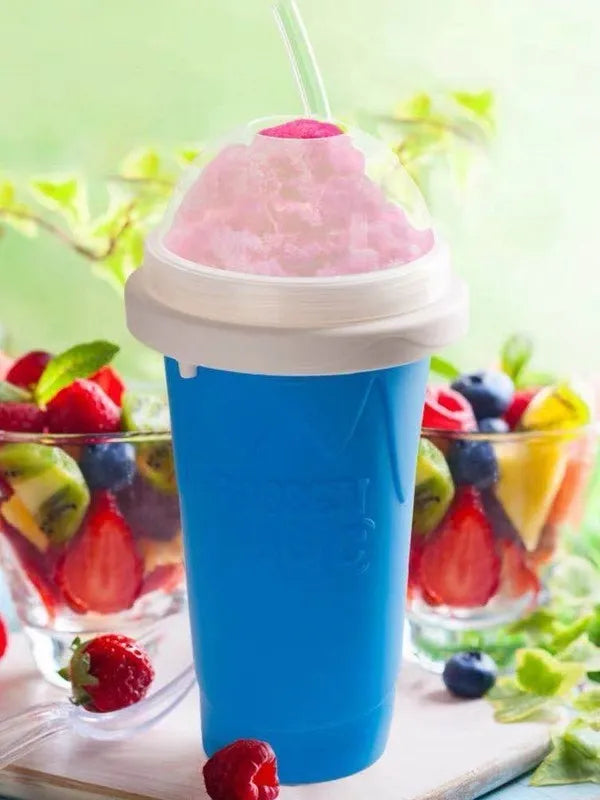 Blue quick refrigeration silicone pinch cup for fast cooling drinks, shown with dimensions.