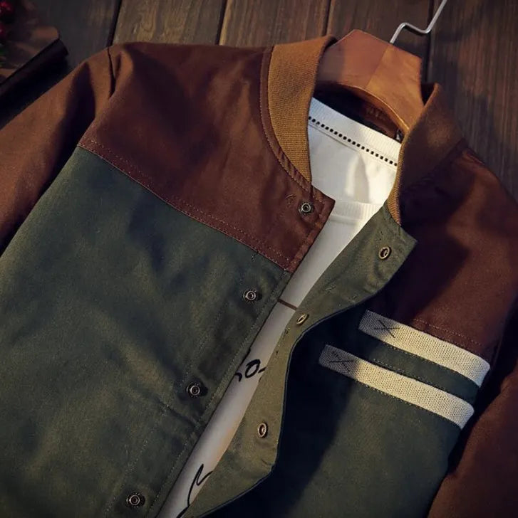 Men's Korean style casual jacket with single-breasted collar, colour-block design, cotton blend, not hooded, blue colour