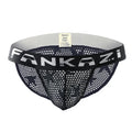 Men's white mesh briefs with hollow construction and low waist design